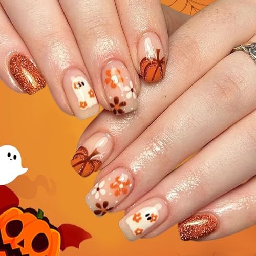 Ceboic 24Pcs Halloween Press on Nails, Short Square French False Nails with Flowers Pumpkin Ghost Design, Orange Glitter Acrylic Full Cover Fake Nail, Cute Reusable Stick on Nails for Women Manicure