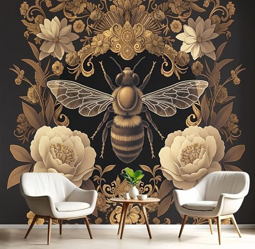 GSAEIMCT 3D Mural Photo Wallpaper Black Gold Flower Bee Backdrop Wall Insect Plants Interior Decor Panel Bathroom Restaurant Hall Living Children Room Hallway Art Murals,150X105Cm