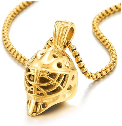 COOLSTEELANDBEYOND Goldfarben Herren Hockey Maske Anhänger Halskette, Edelstahl, Torwart Maske Design, 60cm Stahl Weizen-Kette