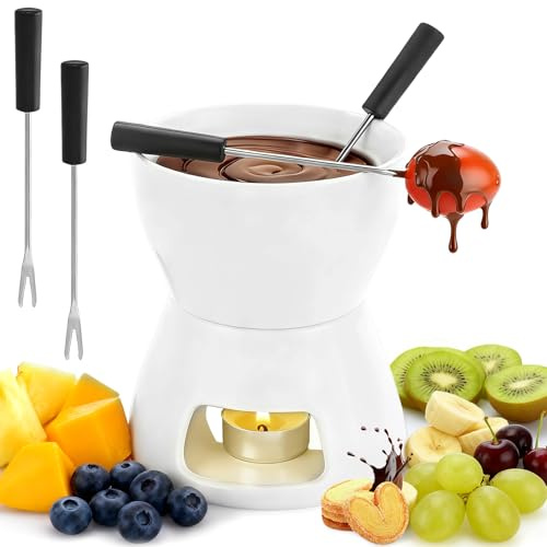 Keramik Schokofondue Tasse Set mit 4 Gabeln & Teelichthalter, 300ml Schoko Fondue Tassen Butter Fonduetopf Schokoladenfondue, Schokoladen Fondueset Teelicht Kerzen Topf für Schokolade & Käse, Weiß