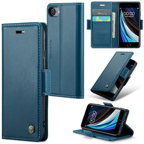 Idhiem Leder Handyhülle Klappbar für iPhone SE (2016)/iPhone 5/5S, Blau | Premium PU Leder, Klappbar Hülle, RFID Blockierung, Magnetverschluss, Kartenfach Standfunktion, Klapphülle Schutzhülle