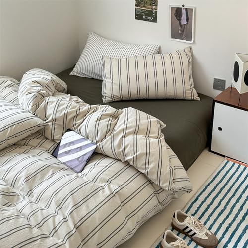 Bettwäsche 135x200 Weiß Schwarz Gestreift Bettbezug + Kissenbezug 80x80cm | Bettwäsche Set 2 Teilig, Modern, Weiss Streifen, Landhausstil, Geometrisch, Landhaus, Aesthetic, Microfaser, Reißverschluss