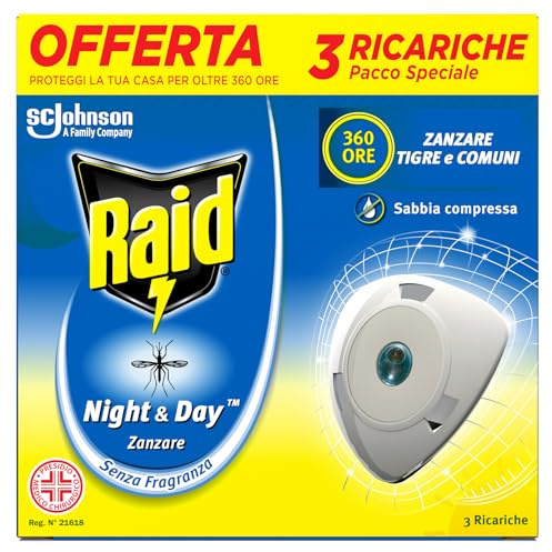 Raid Night & Day, Antizanzare da Interno Sabbia Compressa, Inodore, 3 Ric. | Azione Continua, 360 Ore di Protezione, Senza Profumo