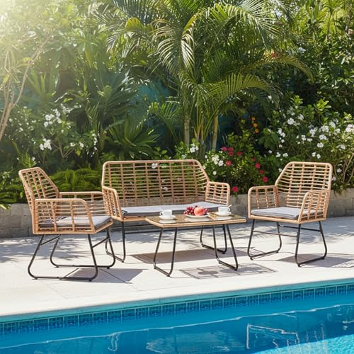 buybyroom Gartenmöbel-Set für den Außenbereich, 4 Personen, Rattan-Sessel, Tisch und Stuhl für den Außenbereich, inklusive 2-Sitzer-Sofa + 2 Sessel + 1 Gartentisch, abnehmbare Kissen