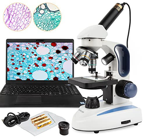 AmScope 40X-1000X LED Cordless All-Metal Framework Full-Glass Optical Lens Student Compound Microscope with Coarse & Fine Focusing + Digital Camera USB Imager