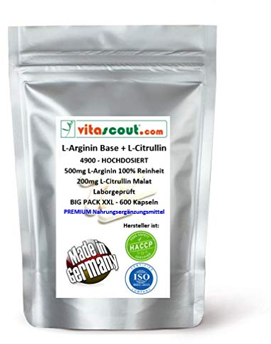 L-Arginin Base + L-Citrullin 6300 – 750 Kapseln VEGAN, Pflanzliches Arginin in Base-Form, 100% Reinheit – Optimales Mischungsverhältnis - LABORGEPRÜFT - ohne Magnesiumstearat