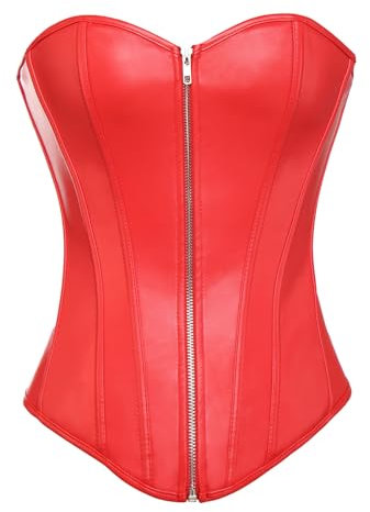 MISS MOLY Corsage|Vollbrust Vintage Kunstleder Korsage Leder-Optik Coolstil Korsett Reißverschluss/Vorderschliesse Corset(Mit G-String) Rot L