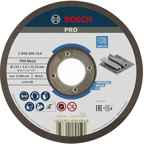 Bosch PRO Metal Trennscheibe, 115 x 1.6 x 22.23 mm, gerade, oSa | für Stahl, Ø 115 mm, Professional Zubehör Kleiner Winkelschleifer