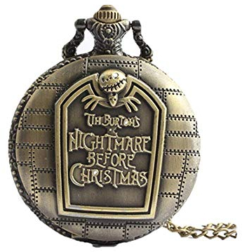 JewelryWe Retro Taschenuhr Herren Kette: Vintage Bronze Farbe Tim Burton's The Nightmare Before Christmas Kettenuhr Männer Analog Quarz Uhr Uhranhänger mit Lange Pullover Halskette Geschenk