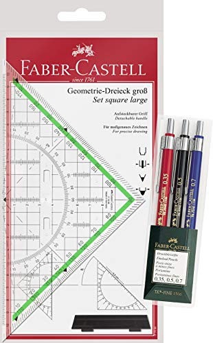 Faber Castell - Zeichendreieck groß, mit Griff + 3 Druckbleistifte TK-FINE, Inhalt: 0,35 mm, 0,5 mm + 0,7 mm