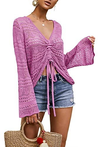 Saodimallsu Damen Boho Off Shoulder Tops Flowy Oversized Glocke Ärmel Oberteil V-Ausschnitt Crochet Sexy Shirts Rose