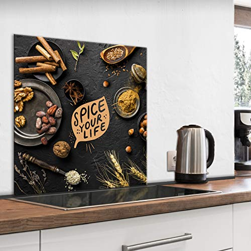 murando Spritzschutz Glas für Küche 60x60 cm Küchenrückwand Küchenspritzschutz Fliesenschutz Glasbild Dekoglas Küchenspiegel Glasrückwand Gewürze Gemüse - j-B-0079-aq-a