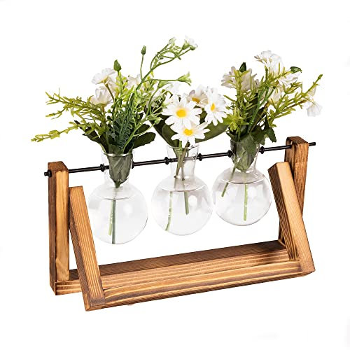 Bulb Vases with Wooden Stand | Vintage Style Plant Stand | 3 Vase Propagation Station | Desktop Glass Planter | Hydroponic Table Top Planter | M&W