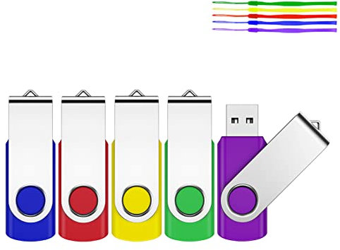 JEVDES 64GB USB Memory Stick 5 Pack USB Stick Flash Drive USB 2.0 Pen Drive Swivel Design Thumb Drive for Data Storage Zip Drive Jump Drive with LED Light (5 Colors)