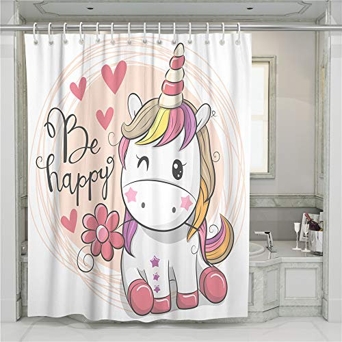 Treer Anti-Schimmel & Wasserdicht Duschvorhang für Badezimmer, Badezimmervorhang mit 12 Duschvorhangringe Waschbar Duschvorhang - Bunter Einhorn-3D-Druck (Glückliches Einhorn,180x200cm)