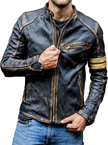 Chaqueta de piel auténtica para hombre, con detalles vintage desgastados, chaqueta de cuero Cafe Racer, color negro, chaqueta de motocicleta, Negro, XS