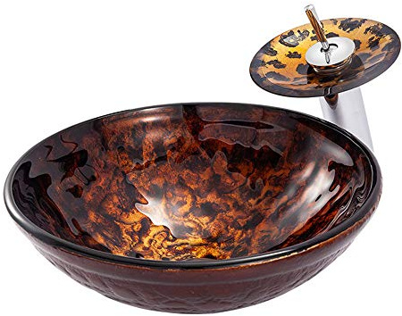 Tempered Glass Bathroom Vessel Sink Flame Rose Artistic Vessel Bathroom Vanity Bowl, Brown Wash Basin Combo with Pop Up Drain, Deodorant Down Pipe and Mounting Ring,with Waterfall Faucet
