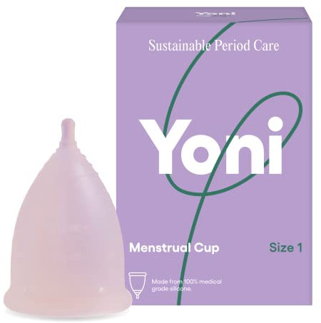 Yoni | Menstruationstasse mit Aufbewahrungsbeutel | Größe 1 | 100% medizinisches Silikon | Komfortabel und auslaufsicher | Hypoallergen | Wiederverwendbar und recycelbar