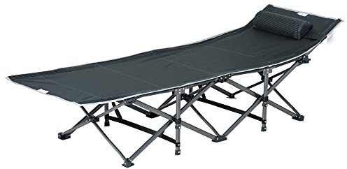 Outsunny Bain de Soleil transat Chaise Longue Pliable avec Oreiller Pochette latérale Sac de Rangement intégrée métal et Tissu Oxford 188 x 64,5 x 53 cm Gris