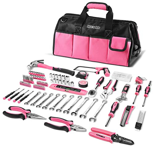 DEKOPRO Pink Tool Set for Women Ladies Girls, 226-Piece Household Hand Tool Kit with Wide Mouth Open Storage Tool Bag for DIY, Home and Equipment Maintenance