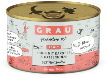 GRAU – das Original – Nassfutter für Katzen - Huhn mit Karotte & Katzenminze, 6er Pack (6 x 200 g), Monoprotein, getreidefrei, für Erwachsene Katzen