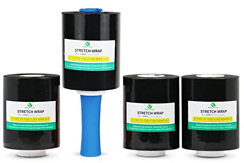 4 Stück Mini-Paletten-Stretchfolie, Schwarz mit Rollgriff, 20 Mikrofon x 130 mm x 305 m, praktische Schrumpffolien, Industrie-Umzug-Verpackungslieferant, BOMEI PACK