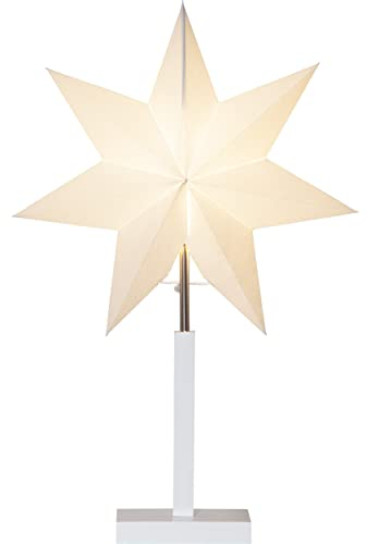 EGLO Tischlampe mit Weihnachtsstern, Dekostern beleuchtet aus Papier mit Holz-Sockel, 3D Fenster-Leuchtstern stehend in weiß mit Kabel, Tischleuchte Weihnachten, E14 Fassung, 52 cm
