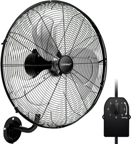 COSTWAY 20 Inch(51 cm) Oscillating Wall Fan, Wall Mounted Fans with 3 Speeds, 85° Oscillation & 30° Adjustable Tilt Head, Metal Wall Mount Cooling Fan for Home Office Garage (Black)