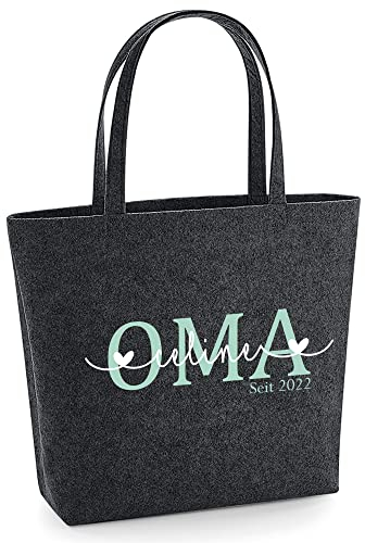 mamir home Personalisierte Einkaufstasche Oma – Geschenk für Oma – Geburtstagsgeschenk | Filztasche Shopper + Kindernamen und Jahreszahl (anthrazit - Kindernamen auf OMA)