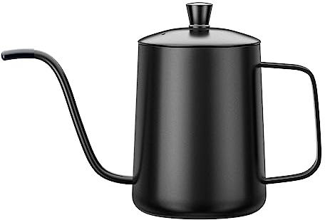 Kerry Gooseneck Pour Over Coffee Kettle 350ml(12oz),304 Stainless Steel H & Drip Tea Pot w/ Long Narrow Spout & Hanging Ear,Brewing Jug w/ Tight Lid & Precision Flow Spout Matte Black (KY-G350ML)
