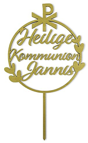 Birdart Box® Kommunion Tortenstecker mit Namen – personalisierter Tortenstecker aus umweltfreundlichem Holz, stabiler Cake Topper 15cm Durchmesser (Gold)