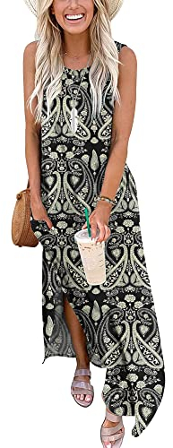 AUSELILY Sommerkleid Maxi Damen Ärmellos Strandkleid Langes Maxi Kleider mit Taschen Boho Floral Schwarz 2XL