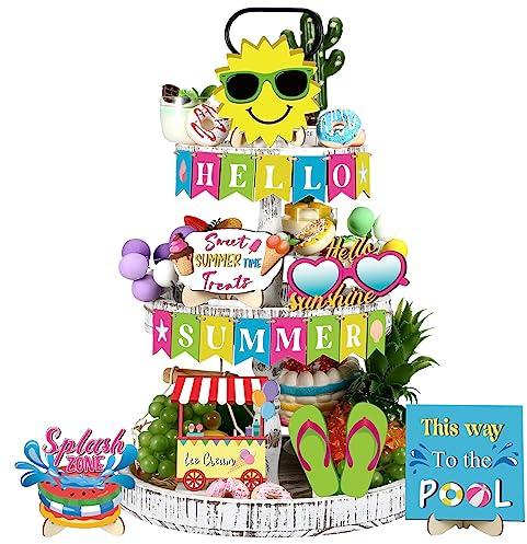 22 Pcs Summer Tiered Tray Decor Set Summer Home Decor Hello Summer Tiered Tray Decorations Hawaii Tier Tray Decor Mini Beach Wood Sign Summer Decorations for Home Table Kitchen Shelf Decor