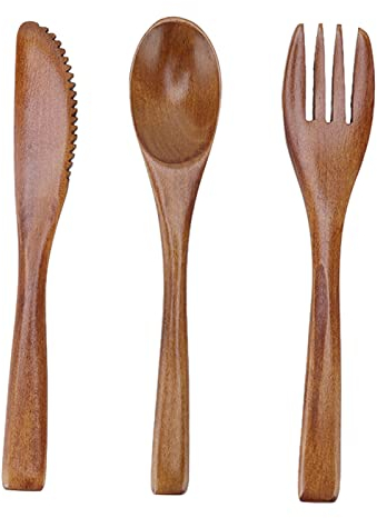 Holzbesteck,Holzlöffel-Sets, 3-teiliges Holzlöffel-Gabel-Messer-Besteck-Set, Löffel Und Gabel-Set, Wiederverwendbares Essgeschirr aus Holz, Tragbare Utensilien Für Zuhause