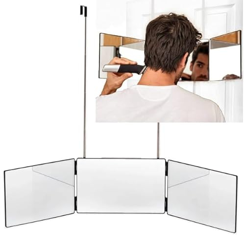 LUKATONI® 360 Grad Spiegel dreiteilig klappbar in Schwarz, mobiler Türspiegel zum Einhängen, Spiegel Haare selber schneiden, Camping Spiegel, tragbarer Kosmetikspiegel mit Haken 96cm