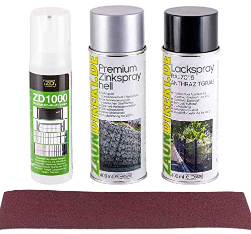 Reparaturset, Lackspray 400 ml, Zinkspray 400 ml, ZD1000 Premium BIO-Metallreiniger 250 ml, Schleifpapier (RAL 7016 anthrazit)