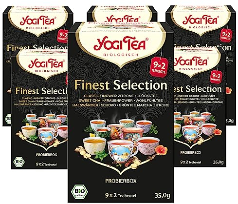 Yogi Tea Finest Selection - 9 Teesorten: Classic, Ingwer-Zitrone, Glückstee, Sweet Chai, Frauen Power, Wohlfühl Tee, Halswärmer, Schoko und Grüntee Matcha Zitrone, 6x18 Beutel
