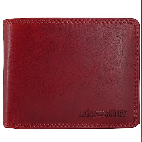 Geldbörse aus Leder für Damen und Herren | RFID-Schutz Münzfach Geldbeutel Geldtasche Portemonnaie Portmonee | Hill Burry Kollektion (Querformat rot)