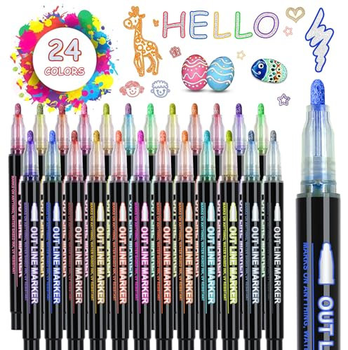 iaHOME Glitter Outline Pens, 24 Double Line Colors Outline Markers Pens for Arts and Crafts, DIY Projects, Greeting Cards, Gifts for Teenage Girls