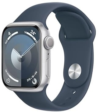 Apple Watch Series 9 GPS 41mm Smartwatch con cassa in alluminio color argento e Cinturino Sport blu tempesta - S/M. Fitness tracker, app Livelli O₂, display Retina always-on, resistente all’acqua