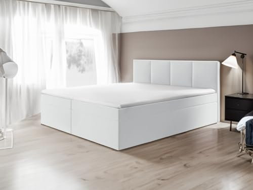 Generisch Boxspringbett Bett Doppelbett ARIS mit Bonell-Matratze und Topper T25 + 2 Bettkästen, H3 (Kunstleder Weiß - Madryt 120, 140x200)