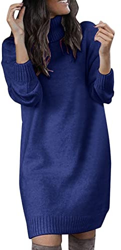 BOTCAM Abito invernale da donna, a collo alto, a maniche lunghe, lavorato a maglia, basic per autunno e inverno, casual, elasticizzato, a maglia, lunghezza al ginocchio, elegante, Blu, XXL