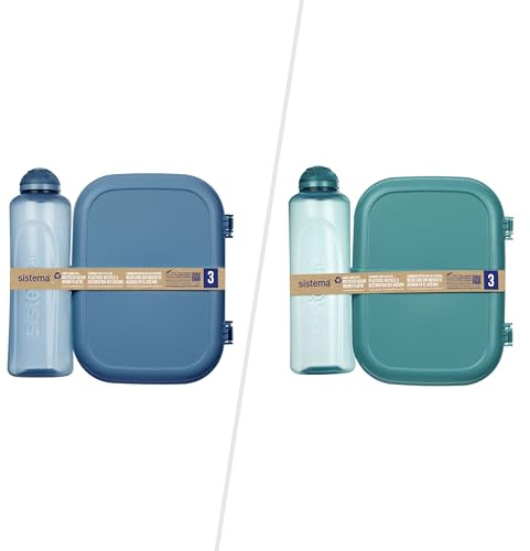 Sistema Ocean Bound Lunch-Box aus Kunststoff mit Band, 1,1 l, mit 480 ml Trinkflasche, Dressing-Topf 130 ml, Bento-Box, BPA-frei, aus Kunststoff, 3 Stück