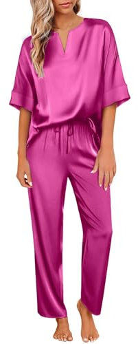 Ekouaer Pyjama Ete Femme Satin Pyjamas Short Femme Confortable Vêtements de Nuit en Soie avec Poches Sleepwear Rose L