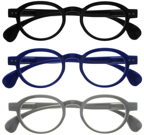 OPULIZE OCA Lesebrille - 3er-Pack - Moderne Runde Retro-Fassung - Schwarz Blau Grau - Herren Damen - Federscharniere - RRR54-137 - +2.00