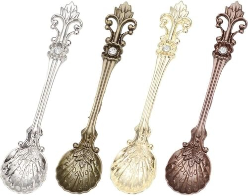 Brass Cupboard Drawer Handles, Vintage Metal Coffee Spoons 4pcs Metal Carved Sweet Dessert Spoons Royal Style Cake Espresso Teaspoons Tableware for Stirring Drink Mixing
