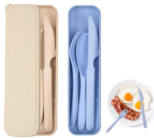 2 Pack Travel Cutlery Set with Case Reusable Cutlery Set for Lunch Box Beige & Blue Travel Fork Knife Spoon Set Portable Camping Cutlery Set for Adult Travel Picnic Work School Daily Use