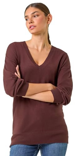 Roman V-Neck Jumper for Women UK Ladies Boyfriend Fit Slouch Sweater Winter Autumn Textured Casual Flattering Knit Pullover Knitwear Daywear Lightweight Lounge - Chocolate - Size 10