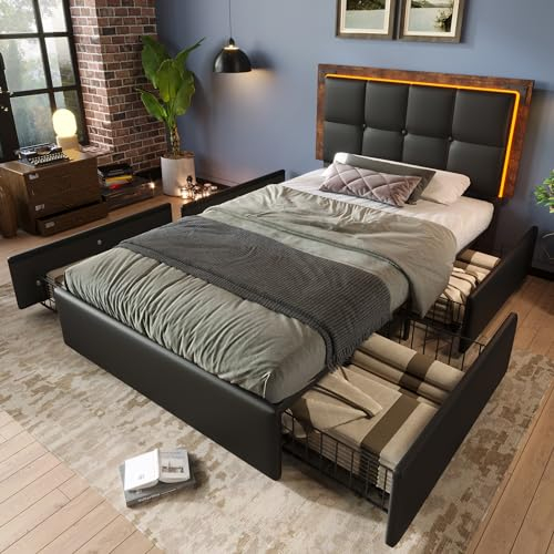 Ymkua Polsterbett Einzelbett 90x200 cm mit Stauraum, Stauraumbett mit LED-Leuchten und 4 Schubladen, Bettgestell Bett mit Lattenrost und Kopfteil, Jugendbett, Funktionsbett, Schwarz, PU,Ohne Matratze