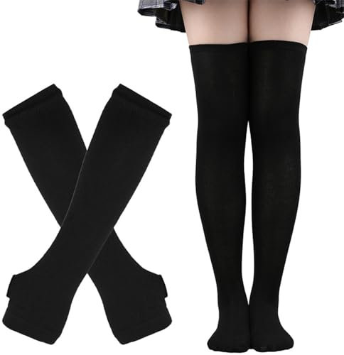 Thigh High Socks Fingerless Gloves Set, Stripe Long Knit Gloves Knee High Stripe Socks, Striped Warmer Fingerless Gloves Knee High Socks Set for Women (UK, Alpha, One Size, Regular, Regular, Black)